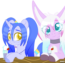 Size: 2500x2410 | Tagged: safe, artist:pasteldraws, imported from derpibooru, oc, oc:belle, oc:julie, pony, unicorn, base used, bff, bunny ears, bunny pony, choker, cute, drink, drinking straw, freckles, jewelry, necklace, pigtails, simple background, transparent background