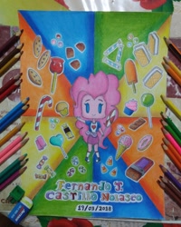 Size: 720x900 | Tagged: safe, alternate version, artist:fernandojc-draftsman, imported from derpibooru, pinkie pie, equestria girls, candy, clothes, colored, female, food, smiling, solo, traditional art