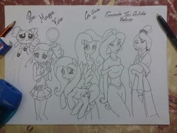 Size: 1080x810 | Tagged: safe, artist:fernandojc-draftsman, imported from derpibooru, fluttershy, human, pegasus, pony, equestria girls, aladdin, bubbles (powerpuff girls), clothes, crossover, fa mulan, female, human and pony, human ponidox, jasmine, lineart, monochrome, mulan, powerpuff girls 2016, powerpuff girls z, princess jasmine, rolling bubbles, self ponidox, signature, smiling, the powerpuff girls, traditional art