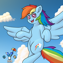 Size: 4000x4000 | Tagged: safe, artist:yelowcrom, imported from derpibooru, rainbow dash, pegasus, pony, ear fluff, female, looking at you, mare, sky, wings