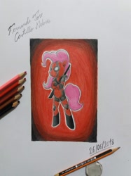 Size: 1280x1707 | Tagged: safe, artist:fernandojc-draftsman, imported from derpibooru, pinkie pie, earth pony, pony, bipedal, clothes, costume, deadpool, female, mare, signature, solo, sword, traditional art, weapon