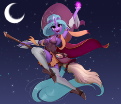 Size: 3500x3000 | Tagged: safe, artist:skitsniga, artist:skitsroom, imported from derpibooru, oc, oc only, oc:eleane tih, anthro, pony, unicorn, book, boots, broom, clothes, crescent moon, flying, flying broomstick, halloween, hat, high heel boots, high heels, high res, holiday, horn, knee-high boots, magic, moon, open mouth, shoes, solo, spellbook, stars, unicorn oc, witch, witch hat