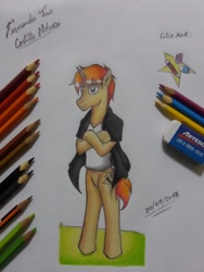 Size: 1536x2048 | Tagged: safe, artist:fernandojc-draftsman, imported from derpibooru, oc, oc only, oc:creativity style, semi-anthro, unicorn, clothes, crossed arms, horn, signature, solo, traditional art, unicorn oc