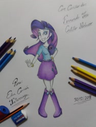 Size: 1536x2048 | Tagged: safe, artist:fernandojc-draftsman, imported from derpibooru, rarity, equestria girls, boots, clothes, cutie mark, cutie mark on clothes, female, grin, hand on hip, high heel boots, shoes, signature, skirt, smiling, solo, traditional art