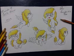 Size: 2048x1536 | Tagged: safe, artist:fernandojc-draftsman, imported from derpibooru, oc, oc only, pegasus, pony, :p, chibi, eyes closed, flying, glasses, one eye closed, pegasus oc, smiling, tongue out, traditional art, wings, wink