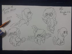 Size: 1280x960 | Tagged: safe, artist:fernandojc-draftsman, imported from derpibooru, oc, oc only, pegasus, pony, :p, chibi, eyes closed, flying, glasses, lineart, monochrome, one eye closed, pegasus oc, smiling, tongue out, traditional art, wings, wink