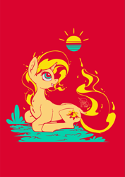 Size: 935x1323 | Tagged: safe, artist:calena, imported from derpibooru, sunset shimmer, pony, unicorn, colored, female, flat colors, grass, limited color, limited palette, lying down, needs more saturation, red background, simple background, solo