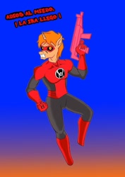 Size: 763x1080 | Tagged: safe, alternate version, artist:fernandojc-draftsman, imported from derpibooru, oc, oc only, oc:creativity style, anthro, unguligrade anthro, unicorn, boots, clothes, costume, dc comics, gun, horn, red lantern, shoes, solo, unicorn oc, weapon