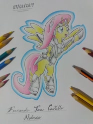 Size: 1280x1707 | Tagged: safe, artist:fernandojc-draftsman, imported from derpibooru, fluttershy, pegasus, pony, crossover, female, mare, pegasus seiya, rearing, saint seiya, signature, solo, traditional art