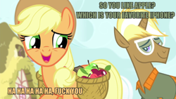 Size: 900x506 | Tagged: safe, edit, edited screencap, imported from derpibooru, screencap, applejack, trenderhoof, earth pony, pony, unicorn, simple ways, caption, female, image macro, male, mare, stallion, text, vulgar