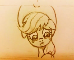 Size: 1080x873 | Tagged: safe, alternate version, artist:fernandojc-draftsman, imported from derpibooru, part of a set, applejack, earth pony, pony, bust, crying, female, floppy ears, hat, lineart, mare, monochrome, sad, solo, traditional art