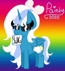 Size: 1097x1200 | Tagged: safe, artist:curvypaintbrushchild, imported from derpibooru, oc, oc only, oc:fleurbelle, alicorn, pony, adorabelle, alicorn oc, bow, cute, female, gradient background, hair bow, horn, mare, mouth hold, ocbetes, rainbow background, sign, solo, sunglasses, swag, wings