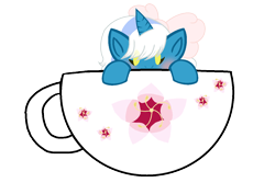 Size: 1266x898 | Tagged: safe, artist:ktheblobartist, imported from derpibooru, oc, oc:fleurbelle, alicorn, pony, alicorn oc, blushing, bow, chibi, cup, cup of pony, female, flower, hair bow, horn, mare, micro, simple background, teacup, transparent background, wings