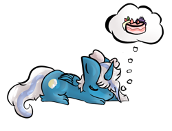 Size: 1280x972 | Tagged: safe, artist:shirameuwu, imported from derpibooru, oc, oc only, oc:fleurbelle, alicorn, pony, alicorn oc, bow, cake, dream, eyes closed, female, food, hair bow, horn, mare, simple background, sleeping, solo, thought bubble, transparent background, wings