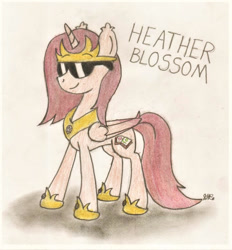 Size: 724x779 | Tagged: safe, artist:brogararts, imported from derpibooru, oc, oc only, oc:princess heather blossom, alicorn, pony, alicorn oc, female, horn, mare, smiling, solo, solo female, sunglasses, traditional art, wings