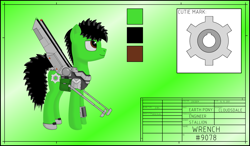 Size: 1191x696 | Tagged: safe, artist:zocidem, imported from derpibooru, oc, oc only, oc:wrench, earth pony, pony, armor, artificial wings, augmented, cutie mark, digital art, harness, mechanical wing, reference sheet, solo, tack, wings