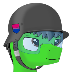 Size: 1200x1200 | Tagged: safe, artist:zocidem, imported from derpibooru, oc, oc only, oc:wrench, earth pony, pony, bisexual pride flag, bust, digital art, helmet, portrait, pride, pride flag, simple background, solo, stahlhelm, transparent background, visor