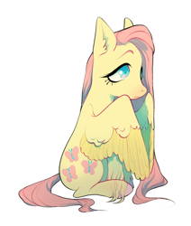 Size: 1064x1252 | Tagged: safe, artist:almost-casey, imported from derpibooru, fluttershy, pegasus, pony, ear fluff, female, mare, simple background, sitting, solo, spread wings, unshorn fetlocks, white background, wings