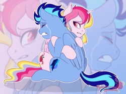 Size: 4569x3430 | Tagged: safe, artist:raspberrystudios, imported from derpibooru, oc, oc only, oc:aurelia charm, oc:jet stream, alicorn, pegasus, pony, alicorn oc, auream, best friends, crying, eyes closed, folded wings, gift art, horn, hug, pegasus oc, sad, wings, zoom layer