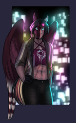 Size: 2323x3732 | Tagged: safe, artist:blackblood-queen, imported from derpibooru, oc, oc only, oc:daniel dasher, anthro, dracony, dragon, hybrid, pegasus, pony, abs, anthro oc, belly button, clothes, digital art, goggles, hand in pocket, hands in pockets, lichtenberg figure, lichtenberg scar, male, pegasus oc, scar, solo, stallion, tanktop, wings