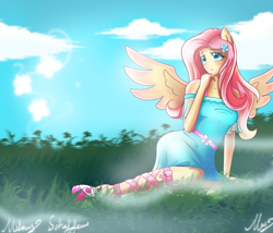 Size: 2450x2100 | Tagged: safe, artist:melanyschaffer, artist:opal_radiance, imported from derpibooru, fluttershy, equestria girls, equestria girls series, blushing, clothes, cloud, female, grass, ponied up, signature, sitting, solo, spread wings, wings