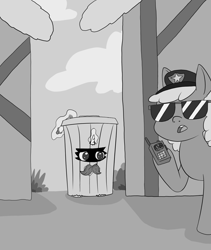 Size: 1000x1187 | Tagged: safe, artist:happy harvey, oc, oc only, oc:molly cutter, earth pony, pony, unicorn, bandit, black and white, building, bush, cloud, cork, disguise, drawn on phone, facial hair, fake moustache, female, filly, grayscale, hat, knife, magic, mare, monochrome, moustache, police, police officer, radio, reversed gender roles equestria general, searching, sunglasses, trash can