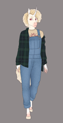 Size: 1638x3206 | Tagged: safe, artist:askbubblelee, imported from derpibooru, oc, oc only, oc:cross stitch, anthro, unguligrade anthro, unicorn, albino, clothes, curved horn, digital art, female, horn, mare, overalls, plaid, simple background, solo, unicorn oc