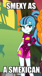 Size: 340x616 | Tagged: safe, edit, edited screencap, imported from derpibooru, screencap, sonata dusk, equestria girls, equestria girls series, sunset's backstage pass!, spoiler:eqg series (season 2), caption, clothes, cropped, dress, female, food, hand on hip, image macro, looking at you, minidress, ponytail, smiling, solo focus, taco, taco dress, text