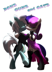 Size: 1666x2292 | Tagged: safe, alternate version, artist:xbi, imported from derpibooru, bon bon, lyra heartstrings, sweetie drops, earth pony, pony, unicorn, background removed, bipedal, clothes, dancing, dress, ergonomics, evening dress, female, food, gun, gun barrel, kissing, lesbian, looking at you, lyrabon, mare, oats, poster parody, secret agent sweetie drops, shipping, simple background, socks, tabun art-battle finished after, tailcoat, text, transparent background, weapon