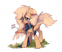 Size: 1827x1545 | Tagged: safe, artist:lunnita_pony, imported from derpibooru, oc, oc only, oc:mirta whoowlms, pegasus, pony, clothes, crying, scarf, simple background, solo, white background