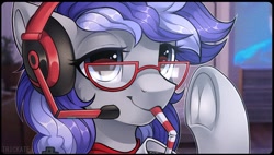 Size: 1973x1121 | Tagged: safe, artist:trickate, imported from derpibooru, oc, oc only, oc:cinnabyte, earth pony, pony, adorkable, cinnabetes, cute, dork, drinking, earth pony oc, frog (hoof), gaming headset, glasses, headphones, headset, pigtails, smiling, solo, underhoof, window