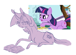 Size: 1400x1000 | Tagged: safe, artist:lakanakana, imported from derpibooru, screencap, twilight sparkle, pony, unicorn, friendship is magic, book, female, lying down, mare, prone, scene interpretation, screencap reference, simple background, solo, unicorn twilight, white background