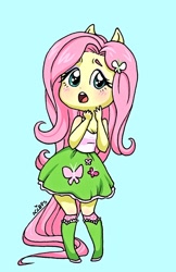 Size: 1094x1691 | Tagged: safe, artist:ameliacostanza, imported from derpibooru, fluttershy, equestria girls, blue background, blushing, breasts, busty fluttershy, chibi, cleavage, cute, female, open mouth, ponied up, shyabetes, signature, simple background, solo