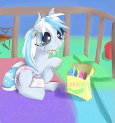 Size: 471x504 | Tagged: safe, artist::snowfrost, artist:auntiefrost, imported from derpibooru, oc, oc only, oc:snow frost, earth pony, pony, baby, baby pony, ball, chair, chewing, crayon, crib, diaper, eating, female, filly, foal, poofy diaper, solo