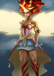 Size: 2480x3508 | Tagged: safe, artist:nire, imported from derpibooru, sunset shimmer, equestria girls, artificial wings, augmented, badass, boots, breasts, cleavage, clothes, curvy, cutie mark accessory, daydream lifter, daydream shimmer, dress, electricity, eyeshadow, female, flowing hair, high res, horn, jewelry, lipstick, magic, magic horn, magic wings, makeup, muscles, muscular female, necklace, shoes, solo, sunset lifter, wings