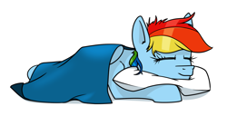 Size: 1500x768 | Tagged: safe, artist:dacaoo, imported from derpibooru, rainbow dash, pegasus, pony, blanket, eyes closed, female, hug, pillow, pillow hug, simple background, sleeping, solo, white background