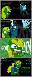 Size: 1600x3847 | Tagged: safe, artist:evilfrenzy, imported from derpibooru, queen chrysalis, oc, changeling, changeling queen, pony, unicorn, clothes, comic, cross-popping veins, crossdressing, female, glasses, humiliation, leaves, male, mare, school uniform, show accurate, stallion, sweat, sweatdrop