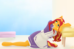 Size: 3840x2560 | Tagged: safe, artist:alicorn-without-horn, imported from derpibooru, sunset shimmer, anthro, unguligrade anthro, unicorn, alternate hairstyle, chair, clothes, female, leaning, maid, room, sky, solo