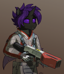 Size: 1722x2000 | Tagged: safe, artist:kotya, imported from derpibooru, oc, oc only, anthro, changeling, fallout equestria, changeling oc, clothes, costume, fallout, fallout 4, fangs, gloves, gun, horn, purple changeling, scientist, simple background, solo, the institute, weapon, wings