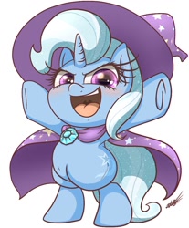 Size: 950x1150 | Tagged: safe, artist:phoenixrk49, imported from derpibooru, trixie, pony, unicorn, belly button, bipedal, brooch, cape, chibi, clothes, cute, female, hat, jewelry, mare, miniponi, open mouth, simple background, trixie's brooch, trixie's cape, trixie's hat, weapons-grade cute, white background