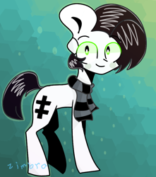 Size: 678x768 | Tagged: artist needed, source needed, safe, artist:scribbles151, imported from derpibooru, oc, oc only, earth pony, pony, clothes, earth pony oc, green eyes, looking at you, male, marelyn manson, marilyn manson, scarf, simple background, solo, stallion, white coat