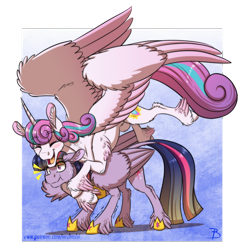 Size: 1374x1407 | Tagged: safe, artist:inuhoshi-to-darkpen, imported from derpibooru, princess flurry heart, twilight sparkle, alicorn, pony, abstract background, aunt and niece, auntie twilight, blushing, cute, duo, ear fluff, eye clipping through hair, eyes closed, female, flurrybetes, flying, glomp, hoof fluff, hoof shoes, hug, jewelry, mare, older, older flurry heart, regalia, size difference, smiling, spread wings, sweat, twilight sparkle (alicorn), wing fluff, wings