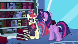 Size: 1280x720 | Tagged: safe, imported from derpibooru, screencap, moondancer, twilight sparkle, alicorn, pony, unicorn, amending fences, bookshelf, butt, clothes, female, glasses, mare, plot, sweater, twilight sparkle (alicorn), twilight's canterlot home