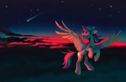 Size: 2048x1336 | Tagged: safe, artist:dearmary, imported from derpibooru, oc, oc only, oc:sierra nightingale, pegasus, pony, flying, shooting star, smiling, solo, spread wings, twilight (astronomy), wings