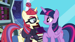 Size: 1280x720 | Tagged: safe, imported from derpibooru, screencap, moondancer, twilight sparkle, alicorn, pony, unicorn, amending fences, bookshelf, clothes, female, glasses, mare, sweater, twilight sparkle (alicorn), twilight's canterlot home