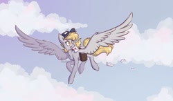 Size: 1200x702 | Tagged: safe, artist:beantoebean, artist:spetu, imported from derpibooru, derpy hooves, pegasus, pony, bag, cloud, female, flying, letter, mail, mouth hold, saddle bag, solo