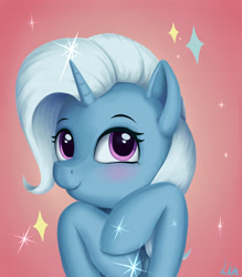 Size: 4133x4724 | Tagged: safe, artist:lin feng, imported from derpibooru, trixie, pony, unicorn, a horse shoe-in, cute, diatrixes, female, red background, scene interpretation, simple background, solo, sparkles