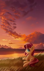 Size: 1280x2063 | Tagged: safe, artist:emeraldgalaxy, imported from derpibooru, sunset shimmer, pony, unicorn, cute, eye clipping through hair, female, looking at you, looking back, looking back at you, lying down, mare, prone, scenery, solo, sunset, sweet dreams fuel, twilight (astronomy), underhoof, water