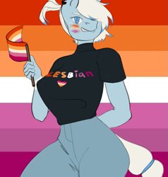 Size: 767x804 | Tagged: safe, artist:wild_kissel, imported from derpibooru, oc, oc only, oc:freezing blizzard, anthro, pegasus, braided tail, clothes, ear piercing, female, lesbian pride flag, looking at you, mare, piercing, pride, pride flag, simple background, solo