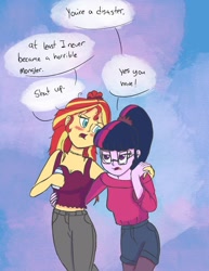 Size: 1024x1326 | Tagged: dead source, safe, artist:pettypop, imported from derpibooru, sci-twi, sunset shimmer, twilight sparkle, equestria girls, blushing, clothes, drunk, drunk twilight, drunker shimmer, duo, female, glasses, jeans, lesbian, pants, scitwishimmer, shipping, sunsetsparkle, sweater